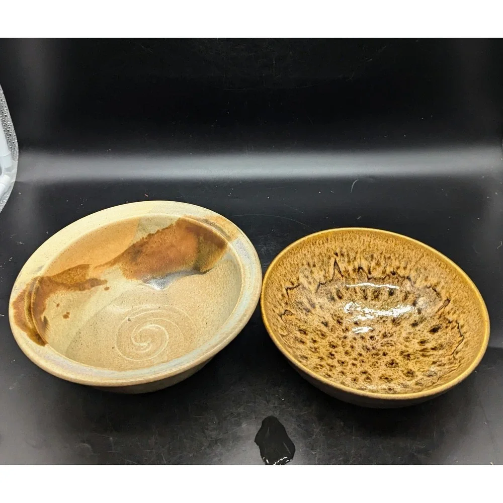 Lot/2 Vintage Studio Art Pottery Ceramic Bowls Brown Beige Signed 7* 7.75